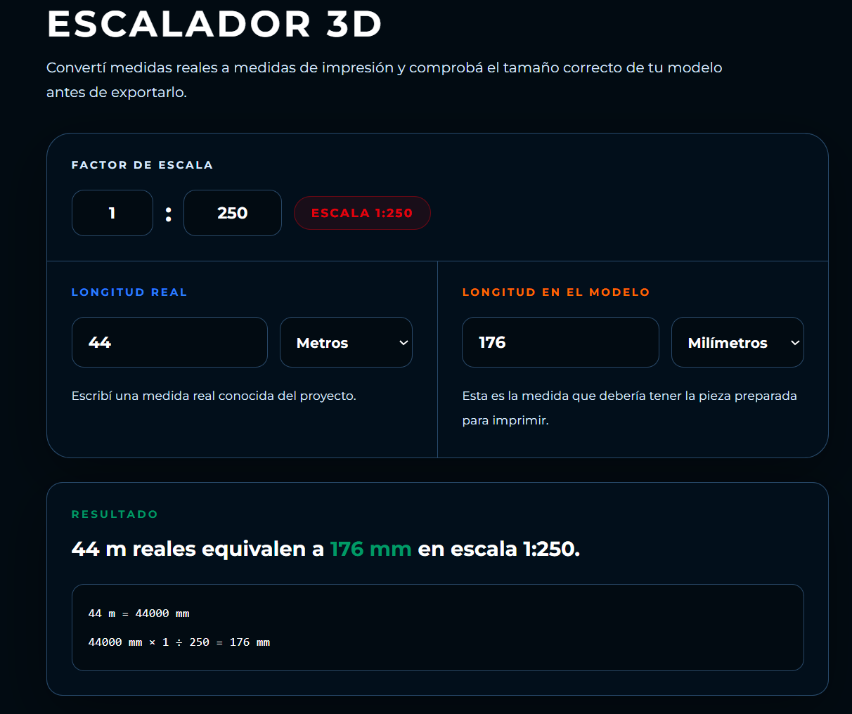 Escalador 3D calculando 44 metros a escala 1 a 250