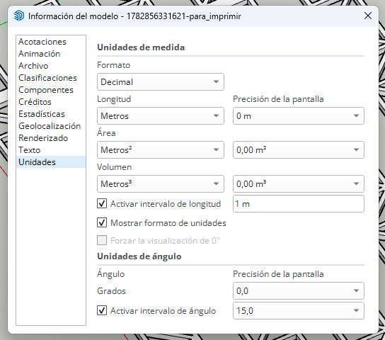 Información del modelo de SketchUp configurada en metros