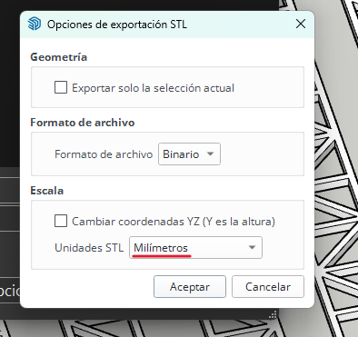Opciones de exportación STL en milímetros